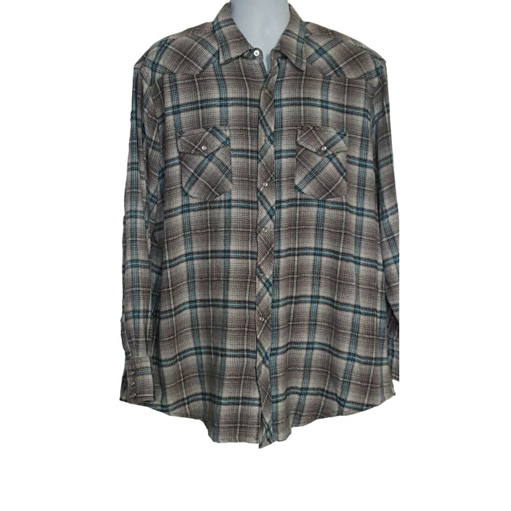 Wrangler Wrancher Men Shirt Size 2XT Flannel Pearl Snaps Gray Plaid Long Sleeves